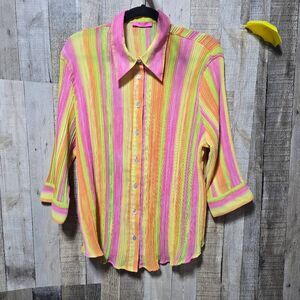 Bellisimo Bright Multicolor Stripe Pleated Button Down Blouse